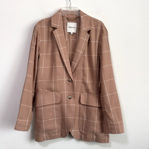 Madewell Breezewoven Larsen Blazer S Windowpane Linen Sandstone Tan 2 Button - Picture 1 of 11